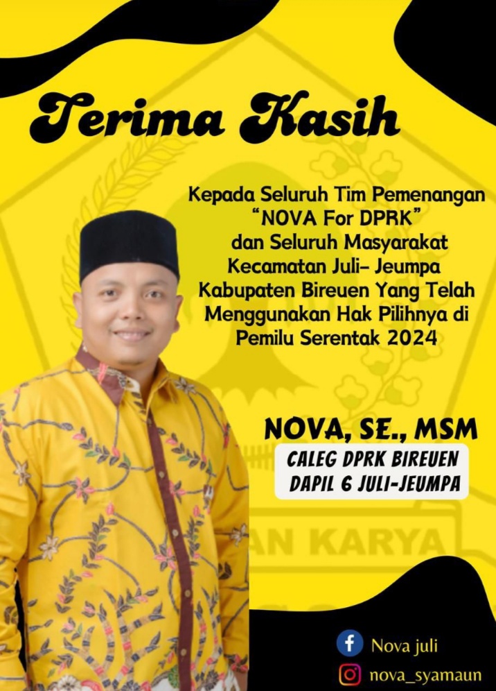 Nova,S.E, M. S.M Dipastikan Raih Kursi DPRK Bireuen.